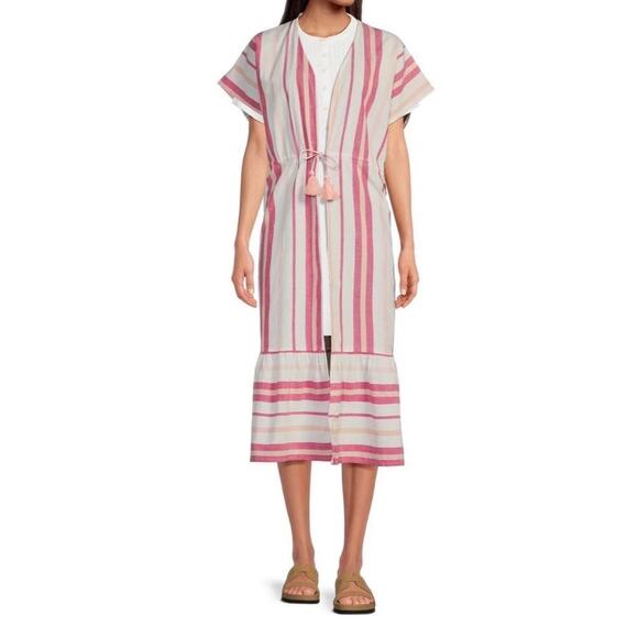 Faherty Striped Longline Duster Cotton Linen One Size Boho Beach Lightweight - Picture 2 of 14